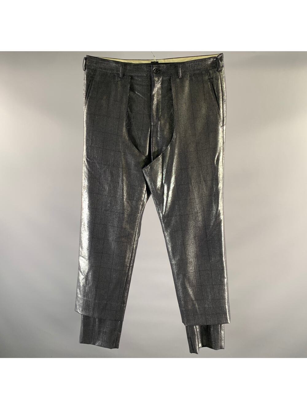 COMME des GARCONS Size 36 Grey Silver Window Pane Metallic Chap Panel Pants